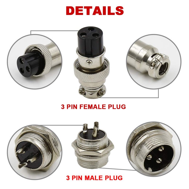 Hxchen 3 Pin Metal Male Female Panel Connector 16mm GX16-3P Silver Aviation Plug - (2 Sets) - Image 3